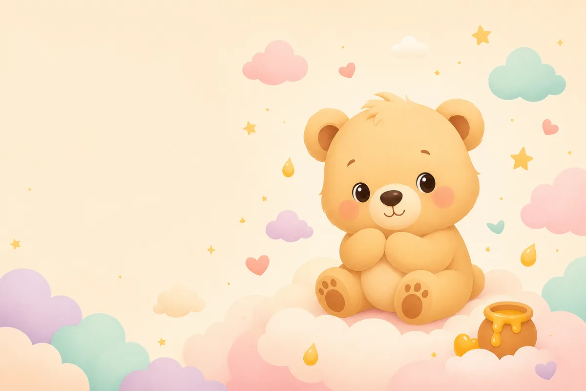 ふわふわの雲や星にかこまれて、ぽつんと座るかわいい赤ちゃんグマのイラスト