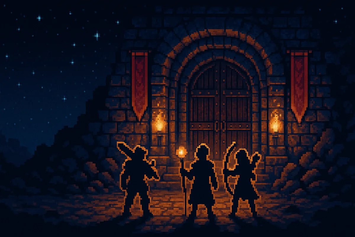 夜のダンジョン門の前に立つRPGの冒険者たち